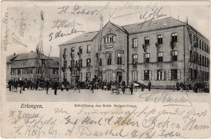 Erlangen, Volksschule und Feuerwehrübung 1904